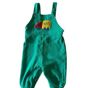 Vintage Health-tex Made in USA Green Overalls 24M Toys Truck Embroidery 90s